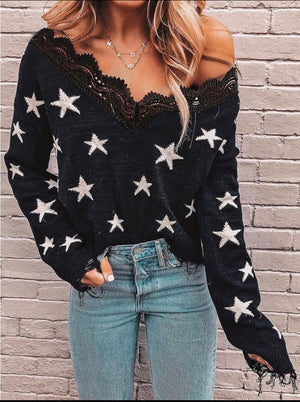 Star Patchwork Black Sweater - Stylz Select