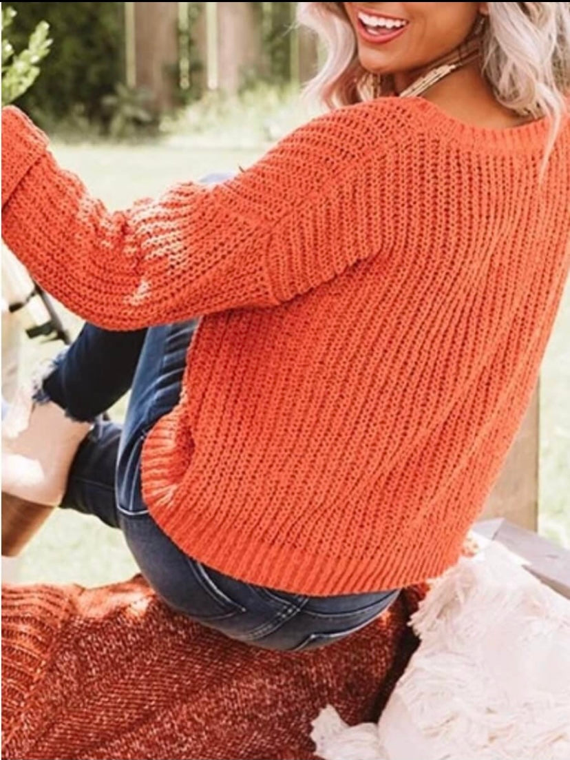 Loose Fitted O-Neck Orange Sweater - Stylz Select