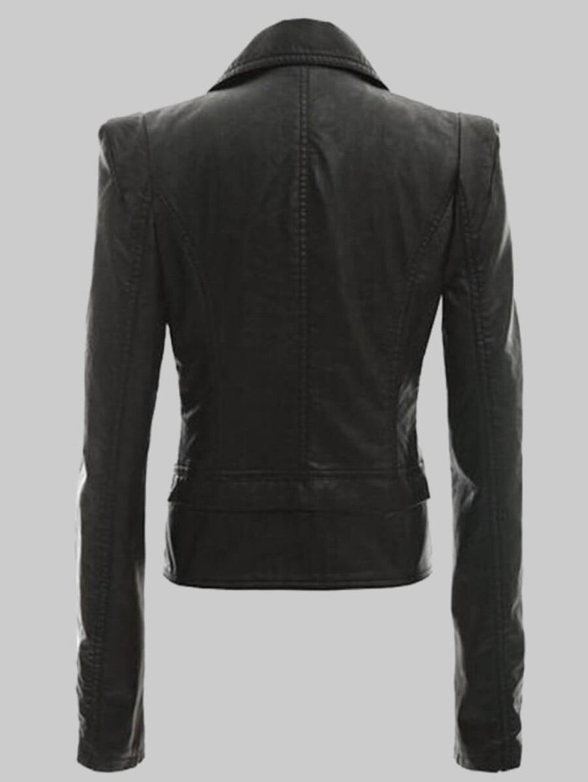 Trendy Black Turndown Collar Zipper Design Leather Jacket - Stylz Select