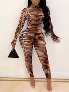 Trendy Turtleneck Skinny Zebra Stripe Jumpsuit - Stylz Select