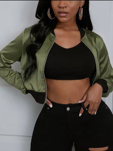 Mandarin Collar Long Sleeve Crop Army Green Jacket - Stylz Select