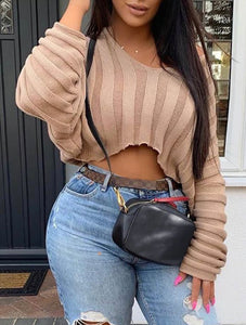 V-Neck Wide Ribbed Design Crop Top Sweater - Stylz Select