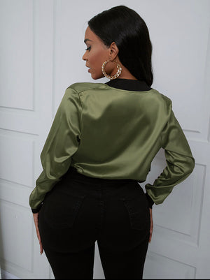 Mandarin Collar Long Sleeve Crop Army Green Jacket - Stylz Select