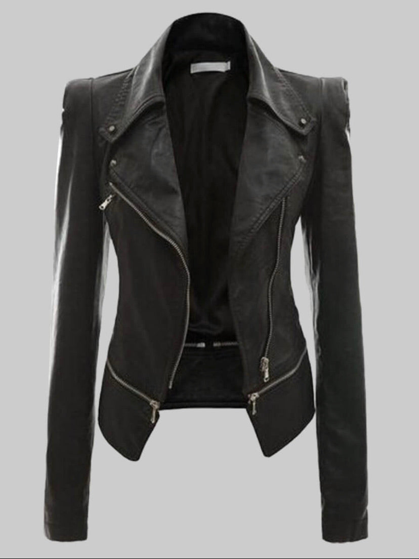 Trendy Black Turndown Collar Zipper Design Leather Jacket - Stylz Select