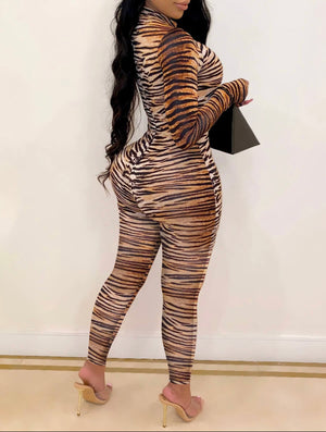 Trendy Turtleneck Skinny Zebra Stripe Jumpsuit - Stylz Select