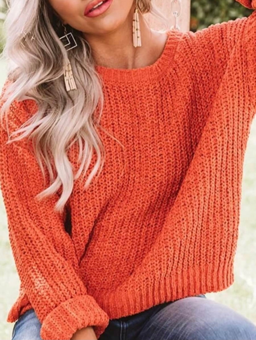 Loose Fitted O-Neck Orange Sweater - Stylz Select