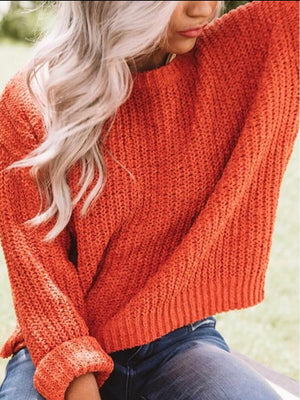 Loose Fitted O-Neck Orange Sweater - Stylz Select