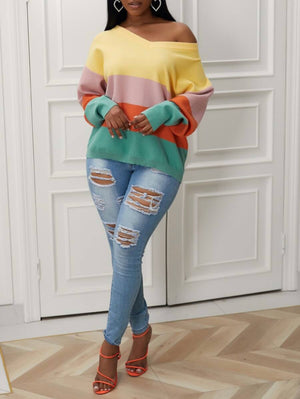 V-Neck Block Color Pattern Sweater - Stylz Select