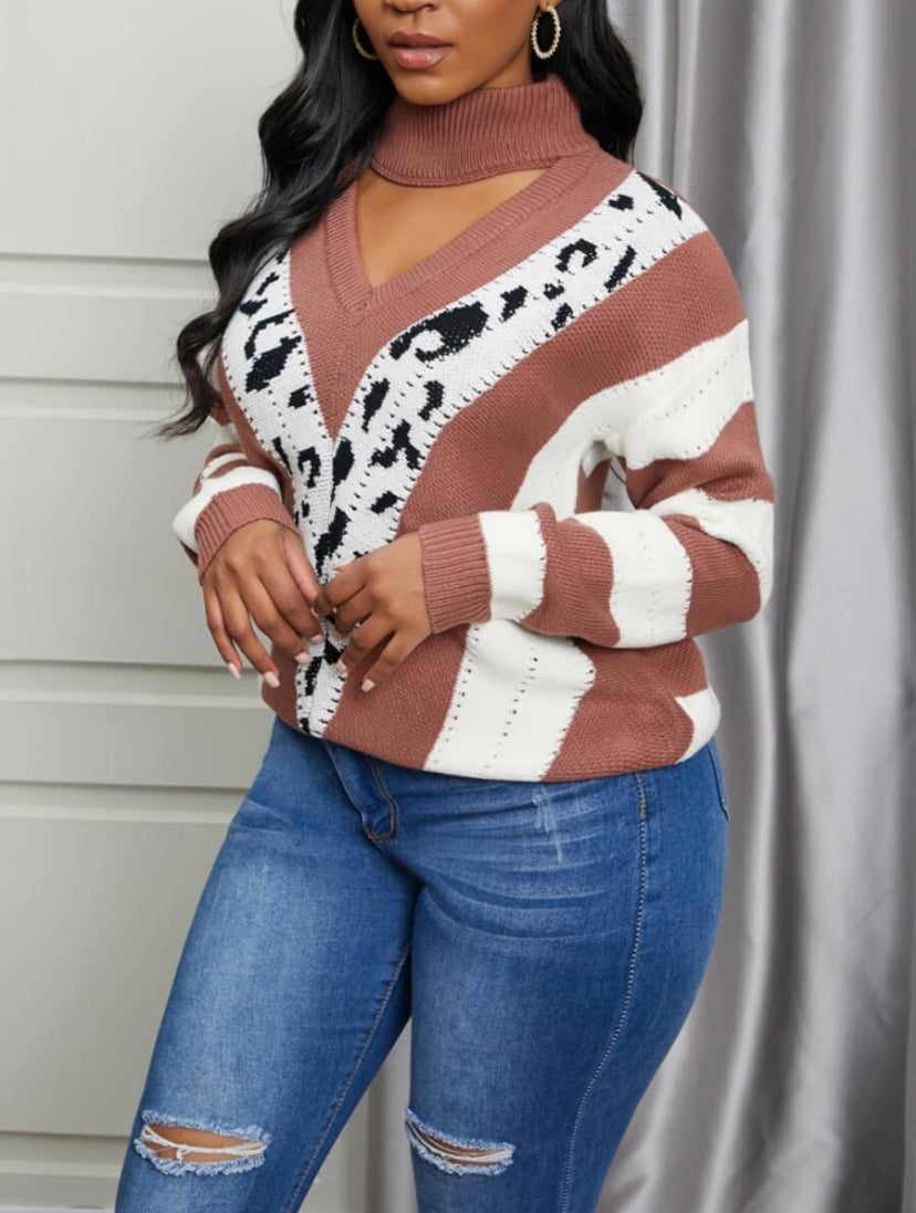 Striped High Collar Hollow Out V-Neck Sweater - Stylz Select