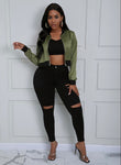 Mandarin Collar Long Sleeve Crop Army Green Jacket - Stylz Select