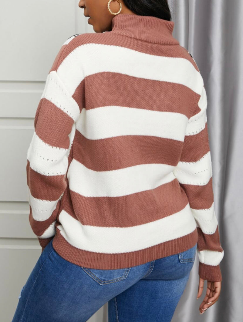 Striped High Collar Hollow Out V-Neck Sweater - Stylz Select