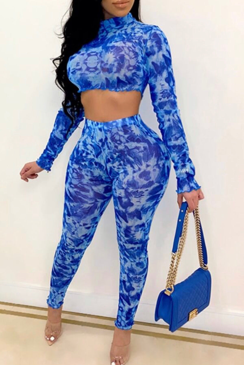 Blue Tie-Dye 2pc Crop Top & Matching Pants Set - Stylz Select