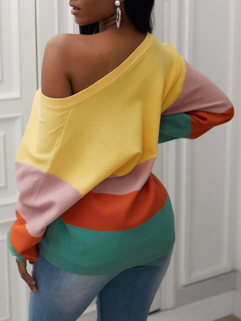 V-Neck Block Color Pattern Sweater - Stylz Select