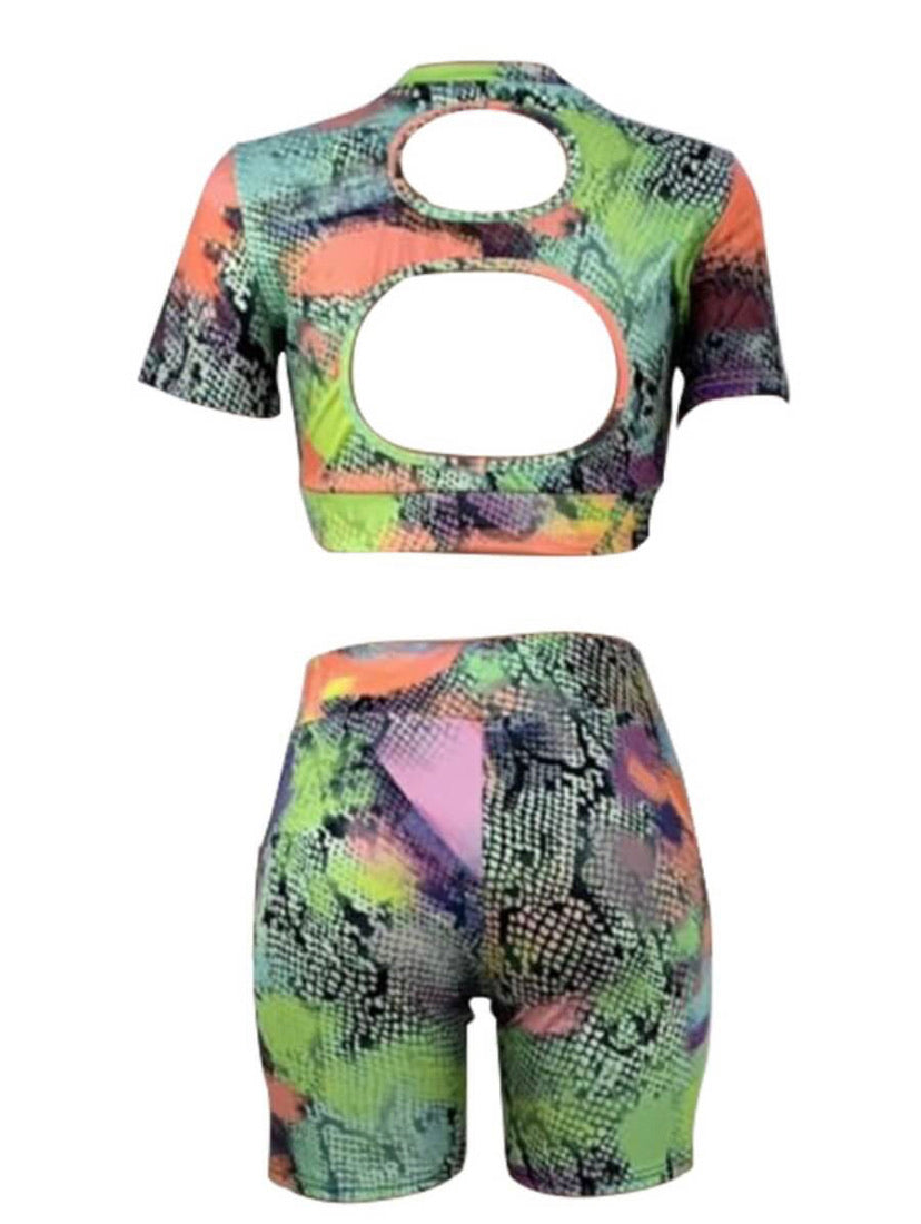 O-Neck Snake Print Multicolor 2pc Shorts Set - Stylz Select