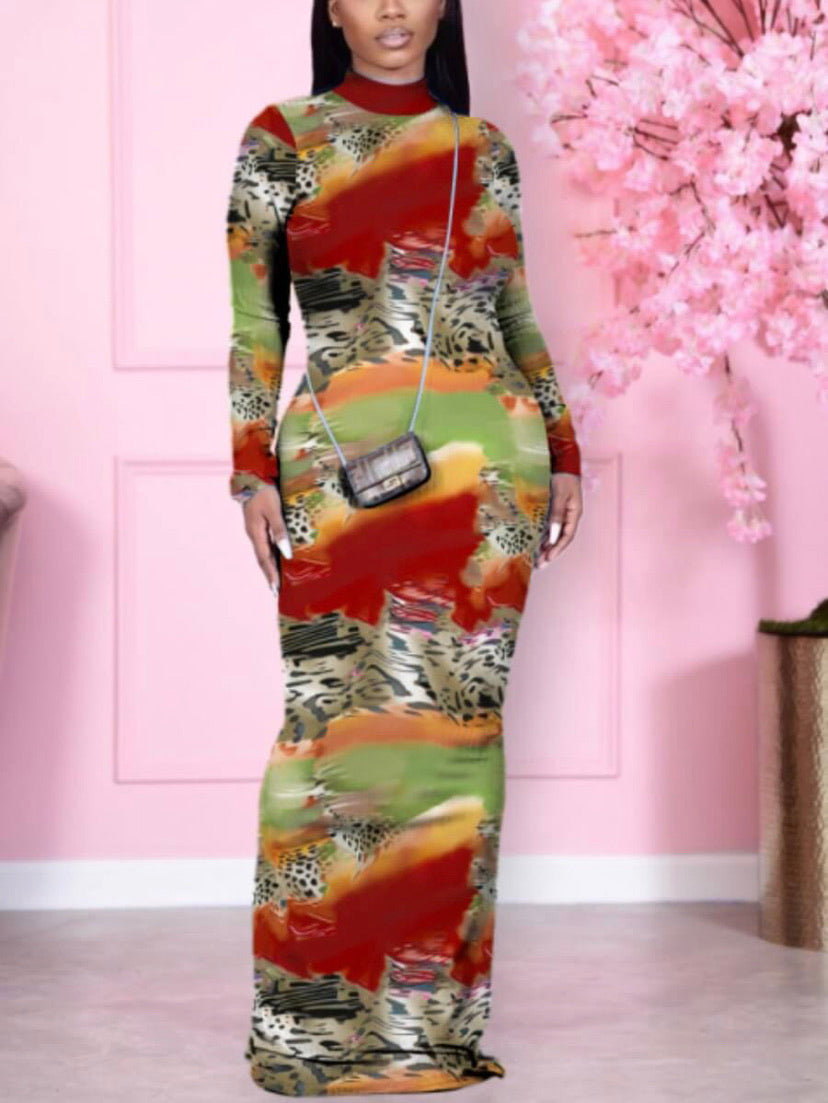 Backless Leopard Print Tie-Dye Multi-Color Floor Length Sheath Dress - Stylz Select