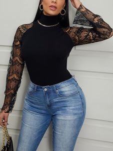 Trendy Black Turtleneck Lace Patchwork Sweater - Stylz Select