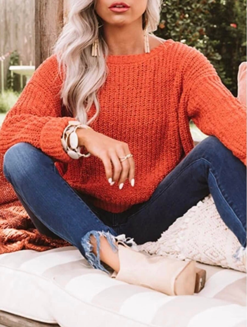 Loose Fitted O-Neck Orange Sweater - Stylz Select