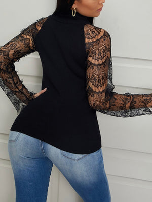 Trendy Black Turtleneck Lace Patchwork Sweater - Stylz Select