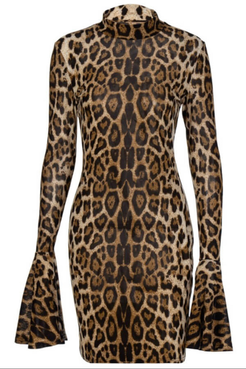 Flare Sleeve Leopard Print Mini Dress - Stylz Select