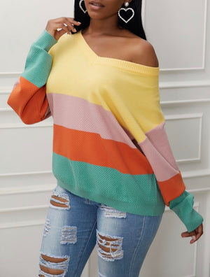 V-Neck Block Color Pattern Sweater - Stylz Select