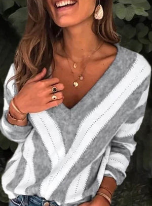 Chic V-Neck Grey & White Striped Sweater - Stylz Select