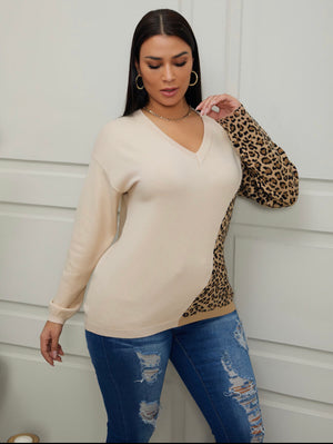 V-Neck Leopard Print Patchwork Sweater - Stylz Select