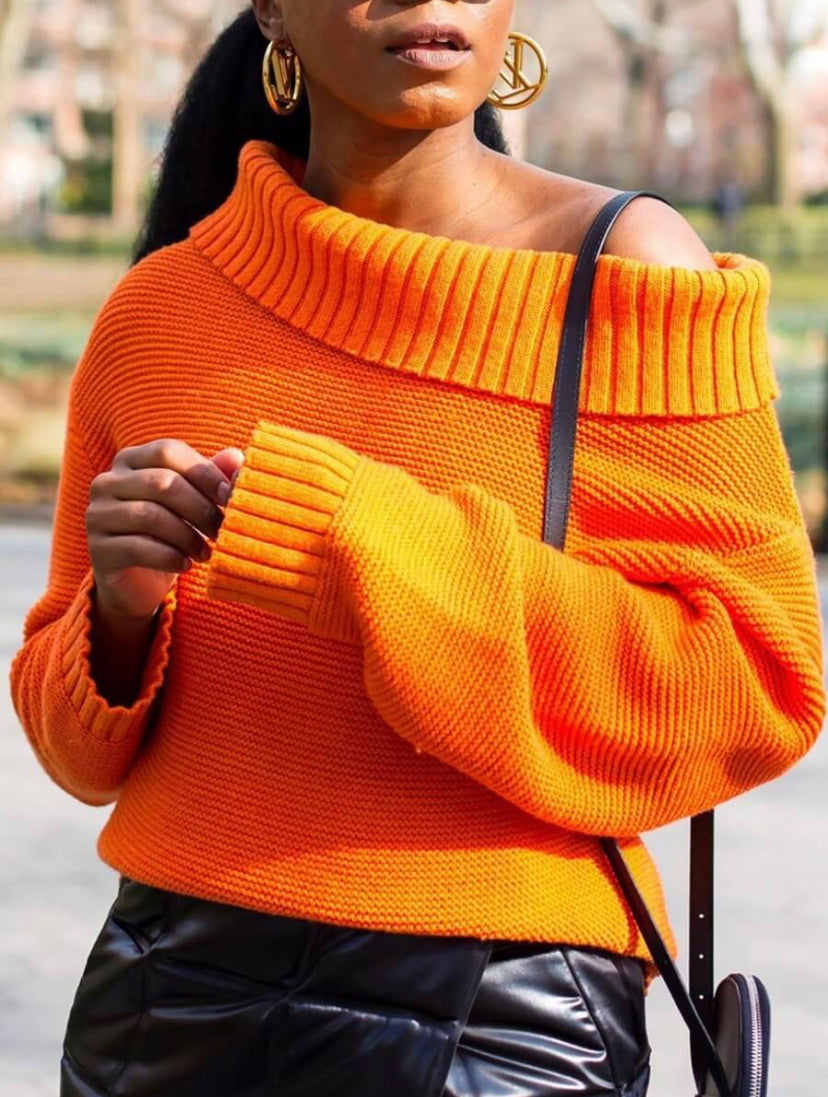 Loose Fitted Wide Collar Orange Sweater - Stylz Select