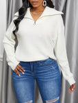 Wide Turn Down Collar Front Zip Sweater - Stylz Select