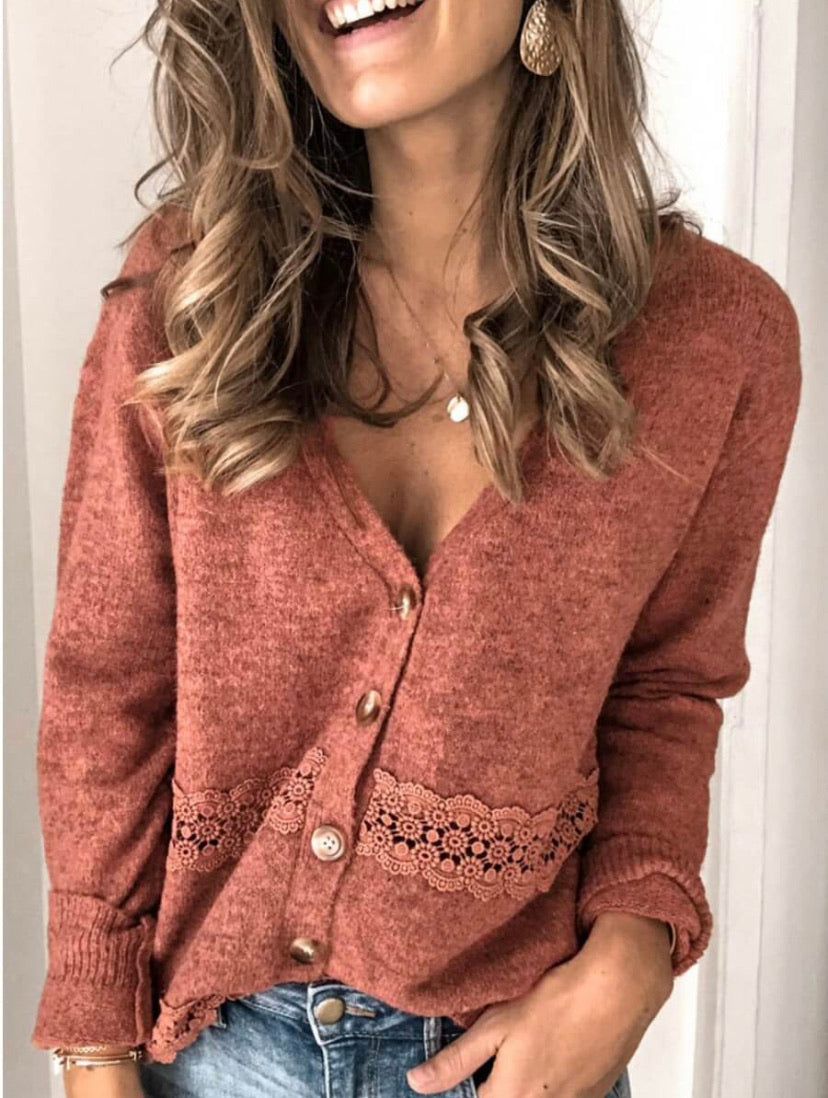 Chic V-Neck Lace Design Cardigan - Stylz Select