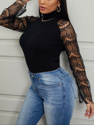 Trendy Black Turtleneck Lace Patchwork Sweater - Stylz Select