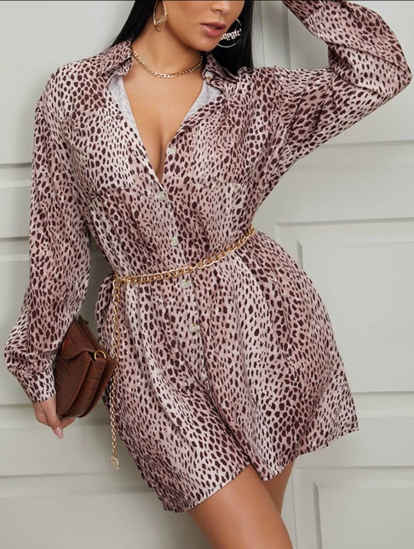 Turndown Collar Animal Print Shirt Dress - Stylz Select