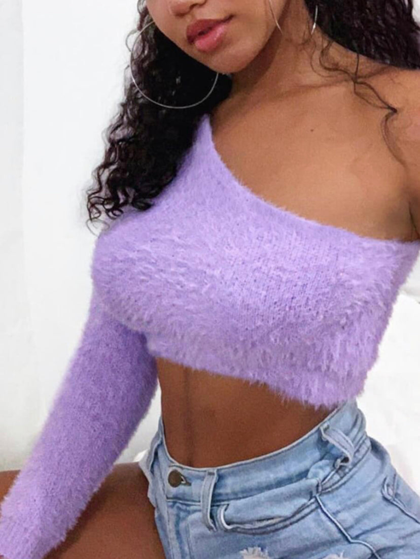 One Shoulder Crop Top Purple Sweater - Stylz Select