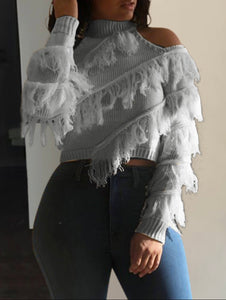 Stylish Turtleneck Tassel Design Grey Sweater - Stylz Select